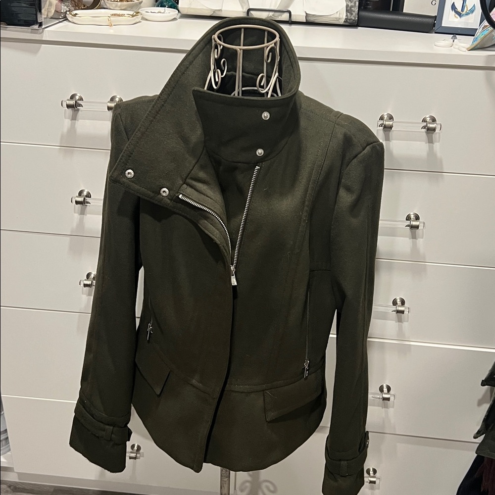 Express Zip Up Moto Jacket with Leopard Print Lining and Silver Accents, size L - Picture 3 of 13